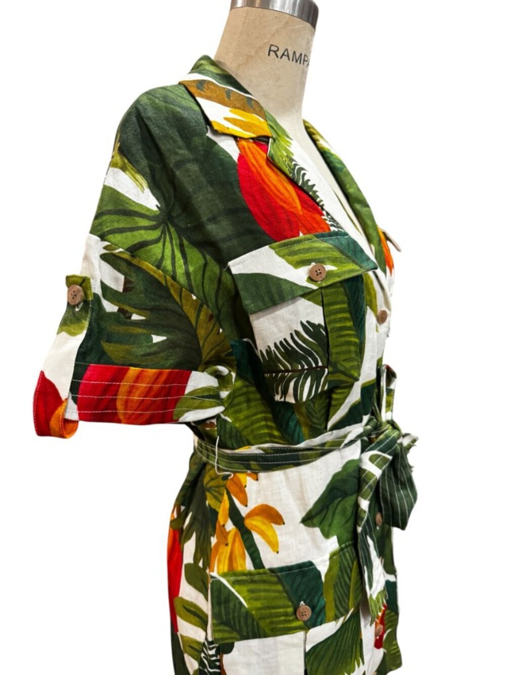 Farm Rio Cocoa Forest Linen Utility Mini Dress Tropical Print Size Small - Picture 5 of 10